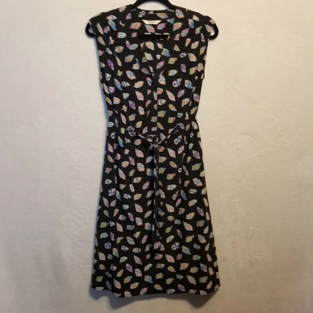 Tucker S Dress 100% Silk Sleeveless Belted Button Front Black Geometric Print